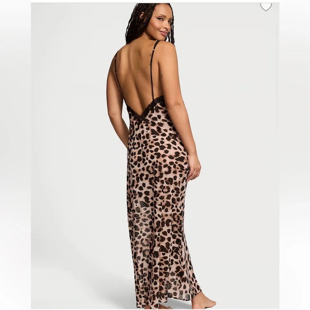 Victoria’s secret Leopard chiffon long Slip Dress with Black Lace size XL NWOT
